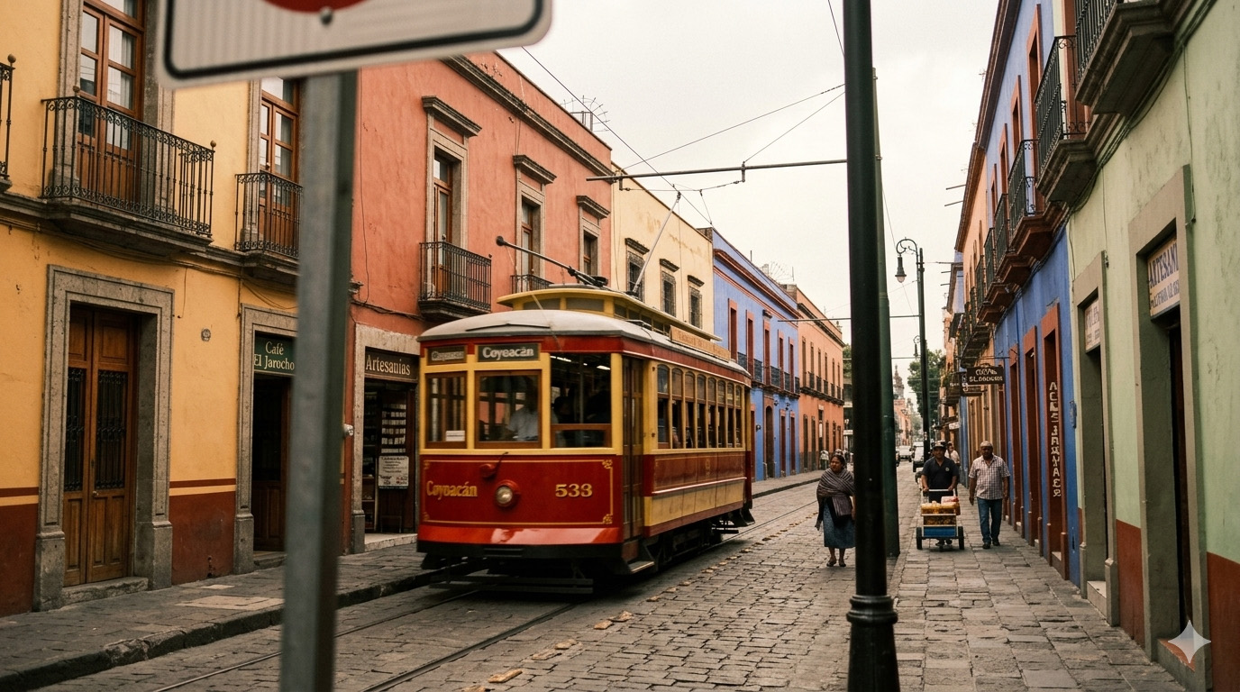 Vibrant red and yellow trolley in the streets of Coyoacán, Mexico City